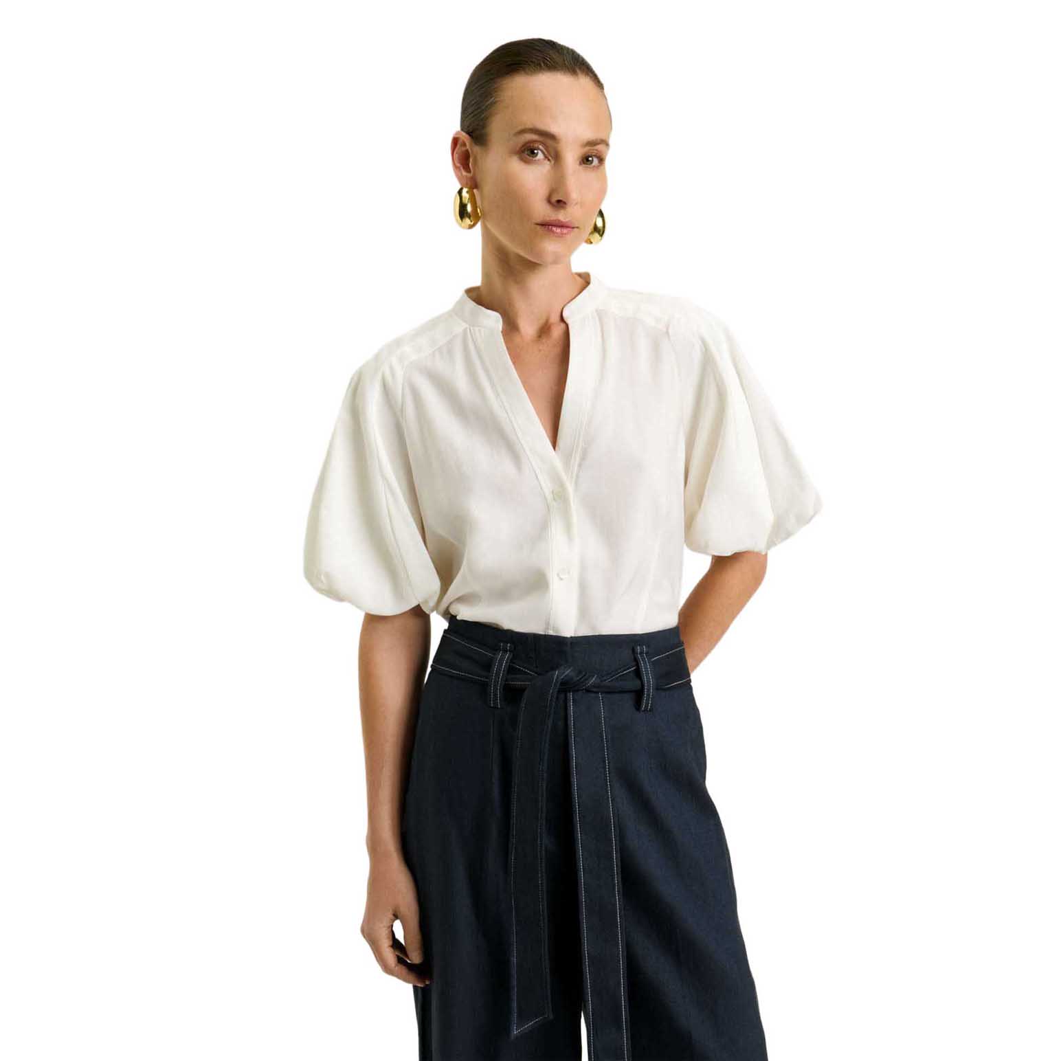 Veronika Maine Ivory Drapey Modal Blend Blouson Sleeve Shirt